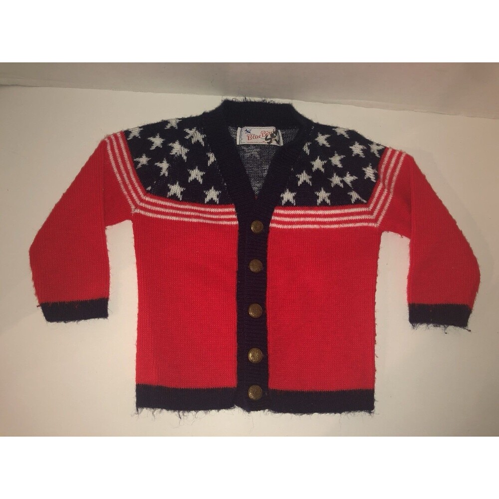 Vintage Childrens Patriotic Cardigan Blue Bird Stars Stripes Orlon Sweater Flag